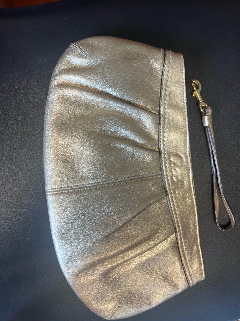 Coach Metallic Silver Leather Wristlet Clutch with Wrist Strap